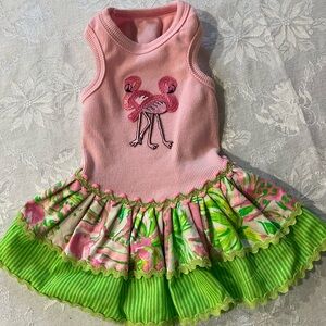Pink Flamingo Dog Dress with Green Skirt